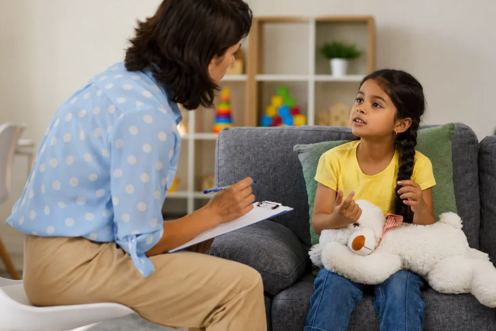 Child talking with a mental health professional during an assessment for attention and focus difficulties, including possible ADHD and executive functioning challenges.