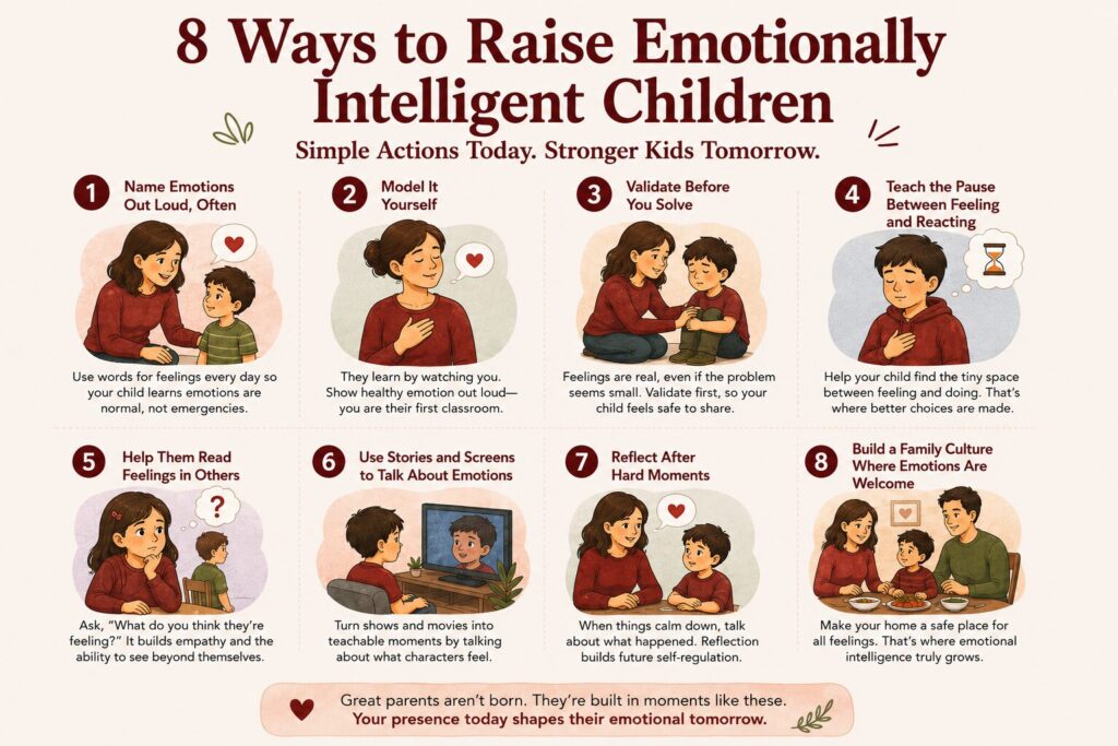Infographic showing 8 practical ways parents can raise emotionally intelligent children, including naming emotions, validating feelings, modelling emotional regulation, and building empathy.