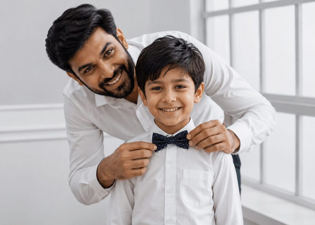 Indian father helping his son get ready, reflecting how family reputation, values, and parenting shape a child's behaviour and identity.