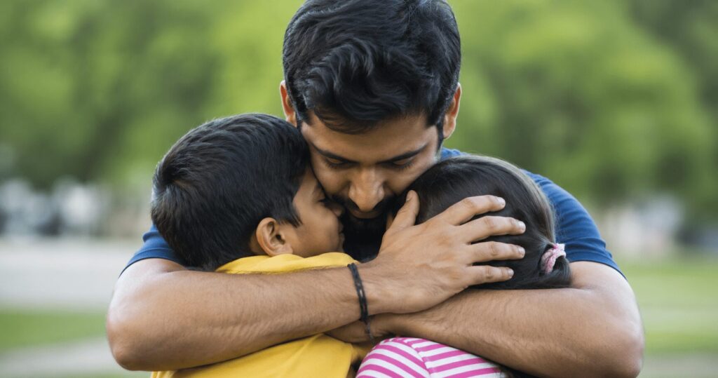 Indian father hugging his two children, showing how love and protection are deeply connected in Indian parenting and family relationships.