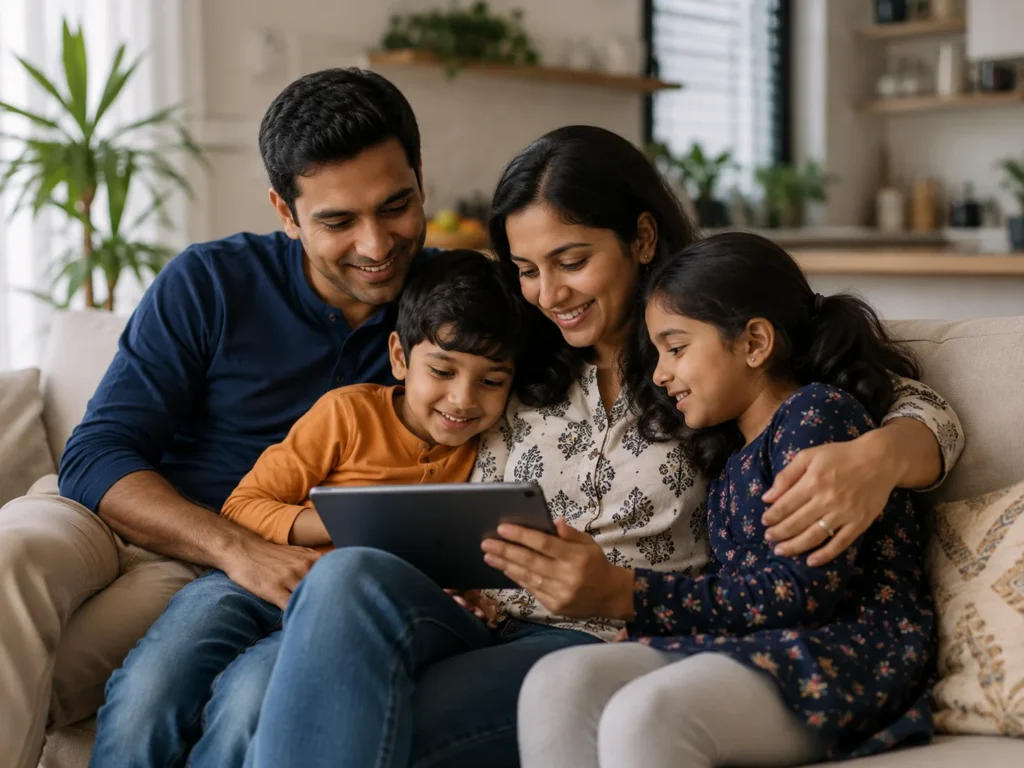 Indian family spending quality time together, illustrating how parents' fear of letting go can lead to overprotective parenting while raising children.