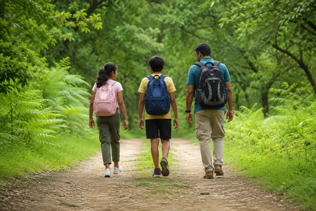 Indian father walking with his children, representing how parenting styles and protective behaviours are often passed down through generations in Indian families.