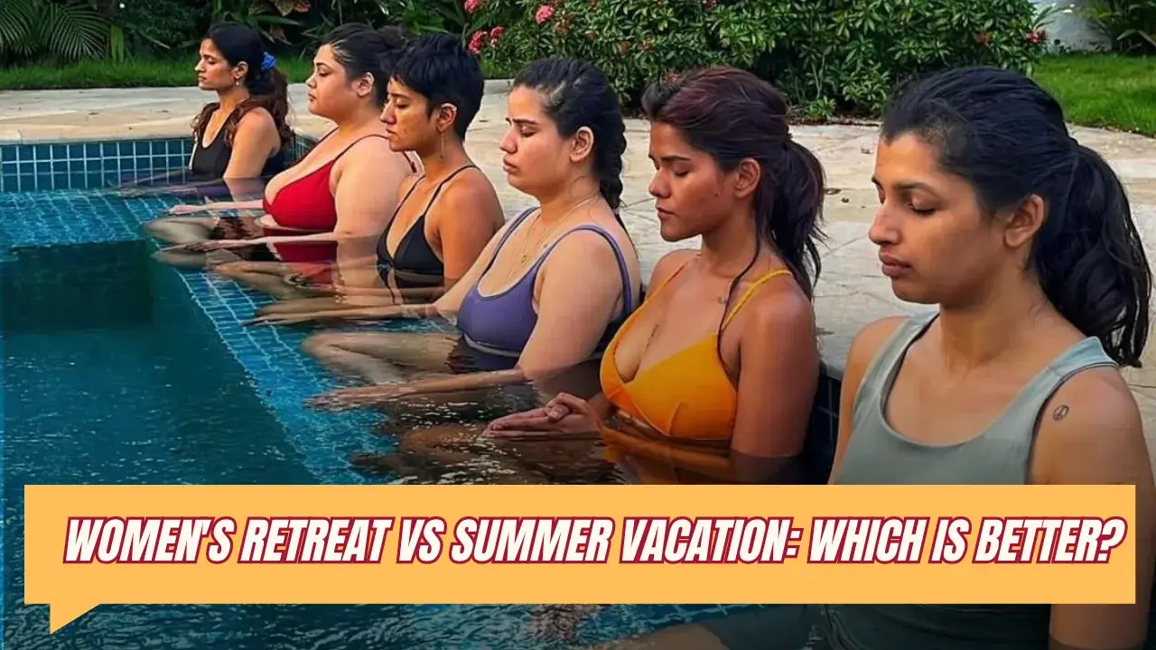Women participating in a guided meditation session at an emotional wellness retreat in India, highlighting the difference between a women's retreat and a traditional summer vacation.